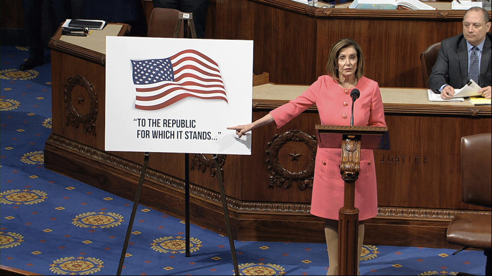 In this image from video, House Speaker Nancy Pelosi of Calif., speaks as the House of Representatives debates the impeachment managers resolution at the Capitol in Washington, Wednesday, Jan. 15, 2020. (House Television via AP)