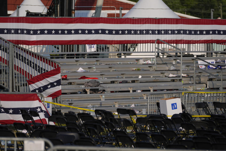 A campaign rally site for Republican presidential candidate former President Donald Trump is empty and littered with debris Saturday, July 13, 2024, in Butler, Pa. (AP Photo/Evan Vucci)