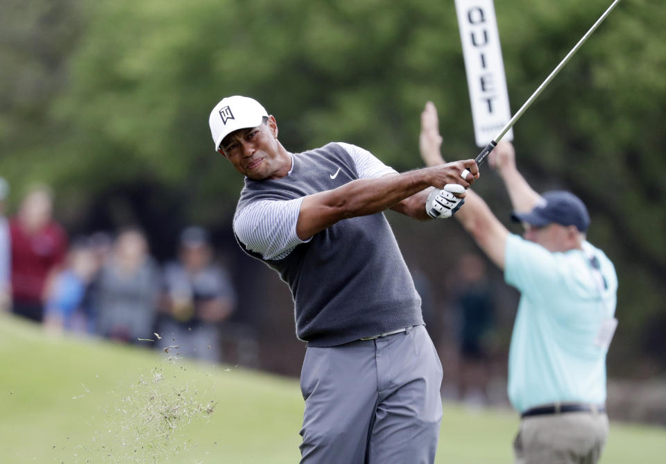 Tiger Woods hits on the second hole during round-robin play at the Dell Technologies Match Play Championship golf tournament, Friday, March 29, 2019, in Austin, Texas. (AP Photo/Eric Gay)