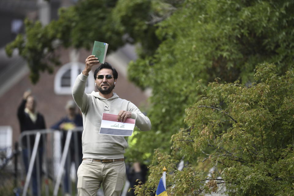 Protestor Salwan Momika outside the Iraqi embassy in Stockholm, Thursday, July 20, 2023, where he plans to burn a copy of the Quran and the Iraqi flag. (Oscar Olsson/TT via AP)