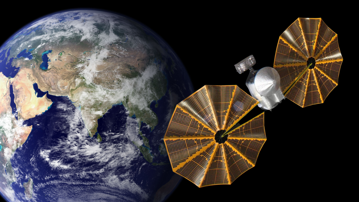  An illustration of NASA's asteroid visiting Lucy spacecraft as it swings past Earth for a gravity assist, with one solar array not quite completely deployed. 