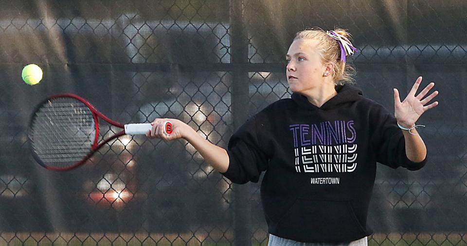 Watertown's Ellie Zink hits the ball during the opening day of the state Class AA high school girls tennis tournament on Thursday, Oct. 5, 2023 at Sioux Falls.