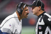 Tennessee Titans head coach Mike Vrabel speaks to players during the second half of an NFL football game against the Atlanta Falcons, Sunday, Sept. 29, 2019, in Atlanta. (AP Photo/John Amis)