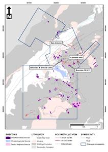 Chanape Project - Geology and Prospects Drilled in 2022. The Project is characterised by over 50 tourmaline breccia pipes (purple) and multiple epithermal vein systems (red).