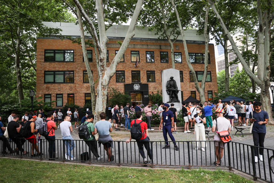 People line up outside of the Department of Health & Mental Hygiene clinic in New York City, on June 23, 2022, as vaccines are made available to residents possibly exposed to monkeypox. (Tayfun Coskun / Anadolu Agency via Getty Images)