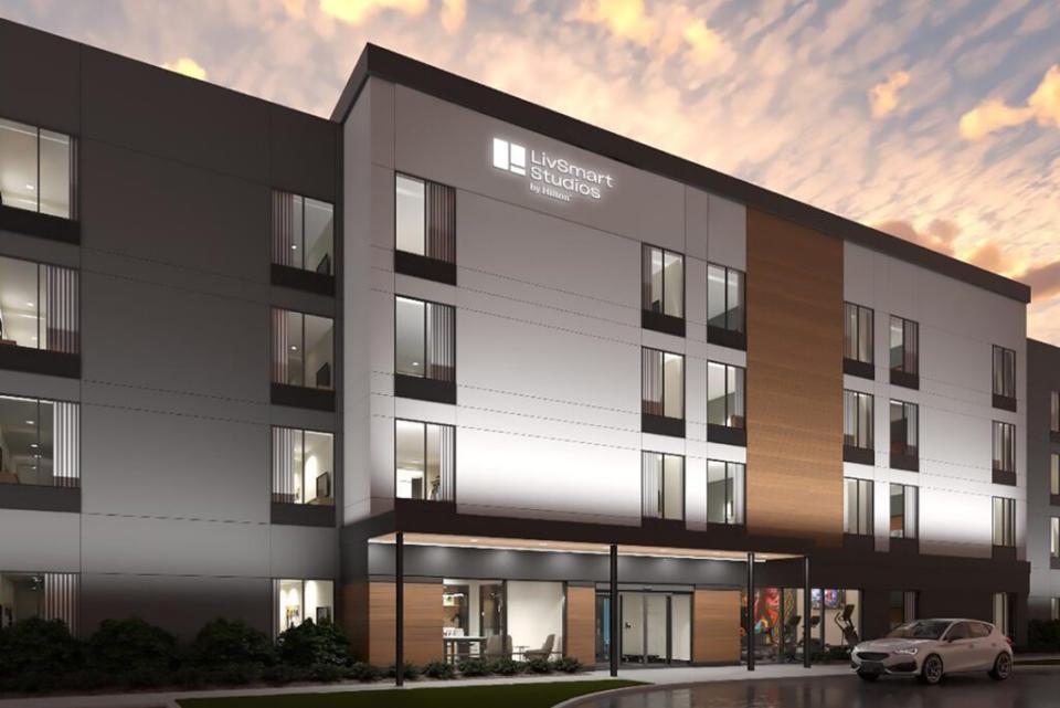 Exterior rendering of LivSmart Studios. Source: Hilton.