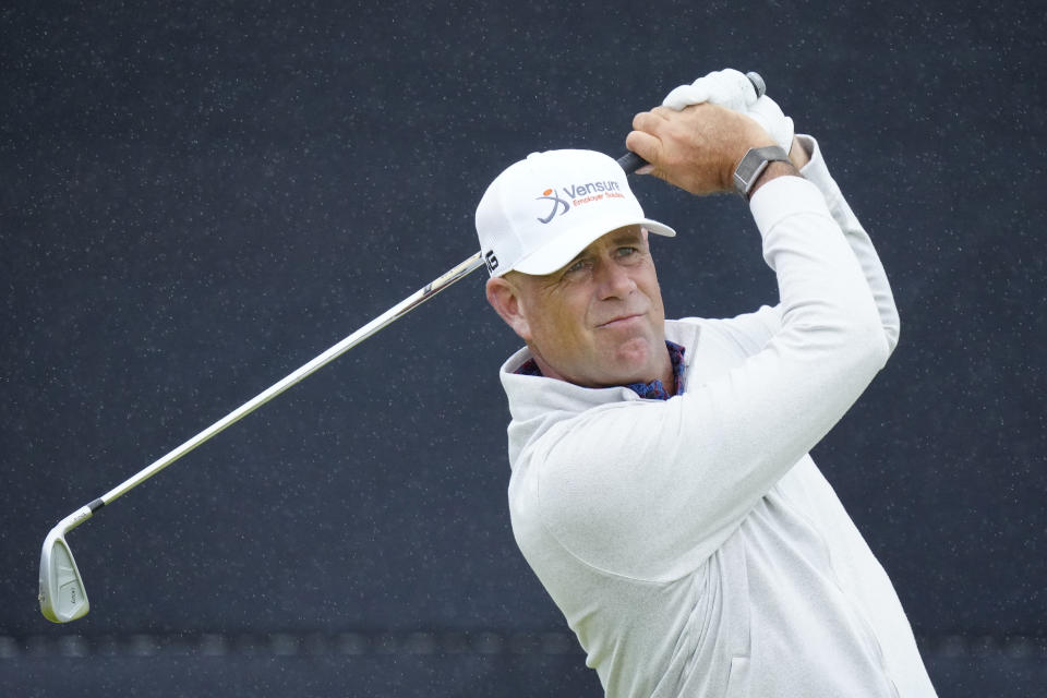 United States' Stewart Cink plays his tee shot on the 3rd during the final day of the British Open Golf Championships at the Royal Liverpool Golf Club in Hoylake, England, Sunday, July 23, 2023. (AP Photo/Jon Super)