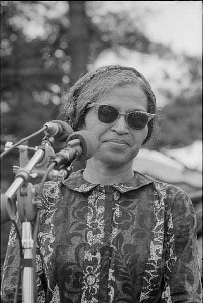 Rosa Parks speaks at a microphone during the Poor People's March on Washington, Washington D.C., on June 20, 1968. (Photo by U S News & World Report Collection/Warren K Leffler/PhotoQuest/Getty Images)