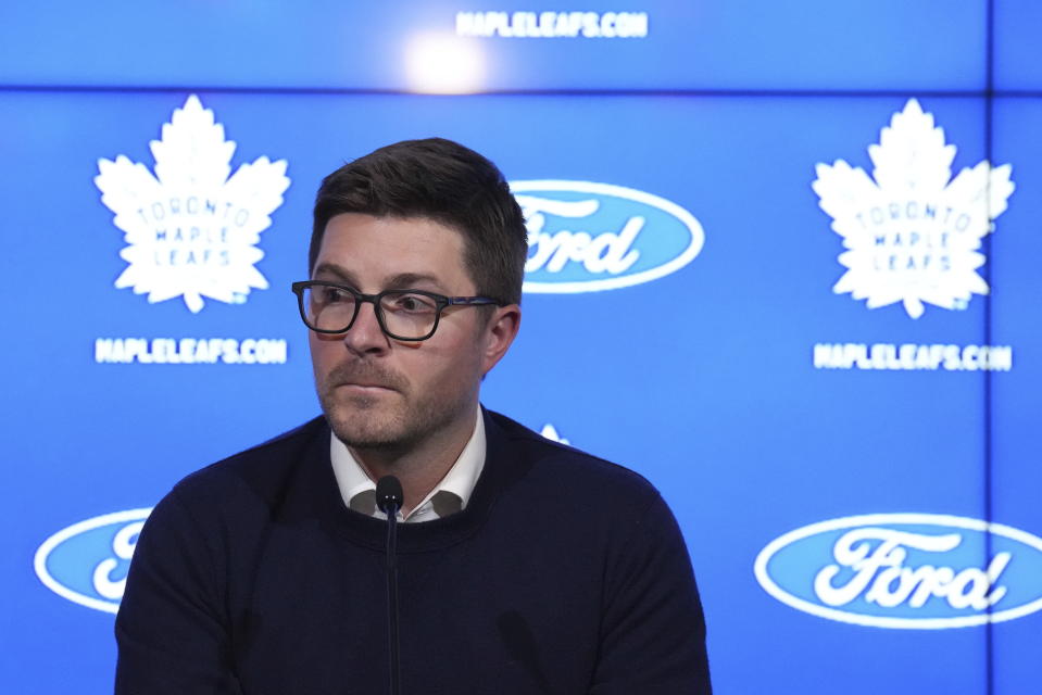 Toronto Maple Leafs general manager Kyle Dubas speaks to media during an end-of-season availability in Toronto, on Monday, May 15, 2023. The Maple Leafs were eliminated from the NHL playoffs by the Florida Panthers on Friday. (Nathan Denette/The Canadian Press via AP)