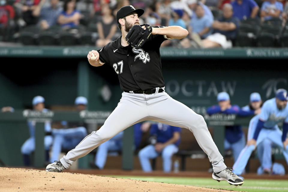 Chicago White Sox starting pitcher Lucas Giolito throws in the third inning of a baseball game against the Texas Rangers in Arlington Texas, Sunday, Sept. 19, 2021. (AP Photo/Matt Strasen)