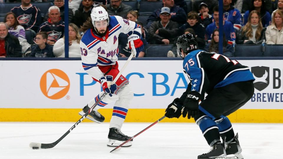 Jan 16, 2023; Columbus, Ohio, USA; New York Rangers center Mika Zibanejad (93) scores a goal on a wrist shot against the Columbus Blue Jackets during the first period at Nationwide Arena. Mandatory Credit: Russell LaBounty-USA TODAY Sports