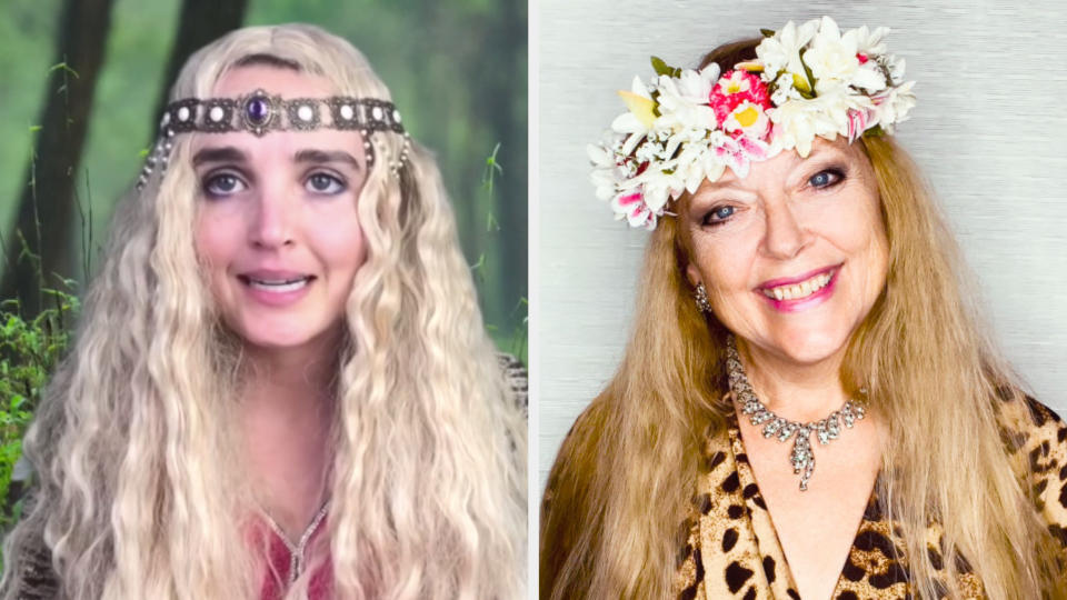 Chloe Fineman in a long blonde wig with a headband across her forehead next to Carole Baskin smiling with a flower crown across her forehead