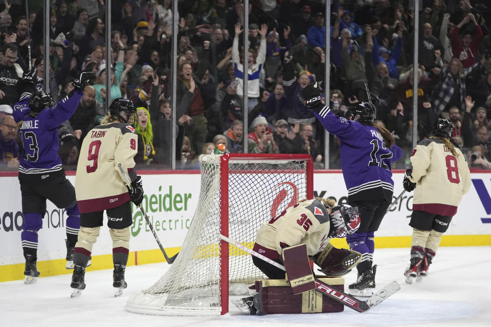 FILE - Montreal goalie Ann-Renée Desbiens (35) reacts after a goal scored by Minnesota forward Grace Zumwinkle (13), far left, during the first period of a PWHL hockey game Saturday, Jan. 6, 2024, in St. Paul, Minn. Minnesota forward Grace Zumwinkle is off to a fast start, entering Wednesday leading the league with four goals, two of them game-winners, and registering the PWHL’s first hat-trick.(AP Photo/Abbie Parr, File)