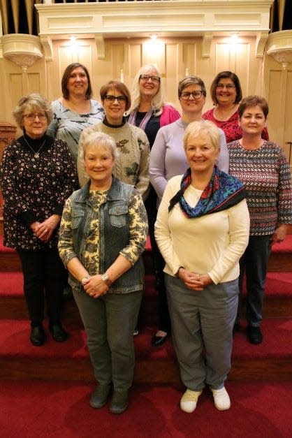 Ten members of the Beaver Valley Choral Society will perform at New York’s famed Carnegie Hall with Distinguished Concerts International
New York. From left to right: Row 1, Pam George and Judi Contino; Row 2, Marjorie Eggenberger, Tess Begley, Judy O’Data and Penny
Chevront; and Row 3, Christy Kendra, Diane Brosius and Susan Hayden. Not pictured: Betsy Cole Hemer.