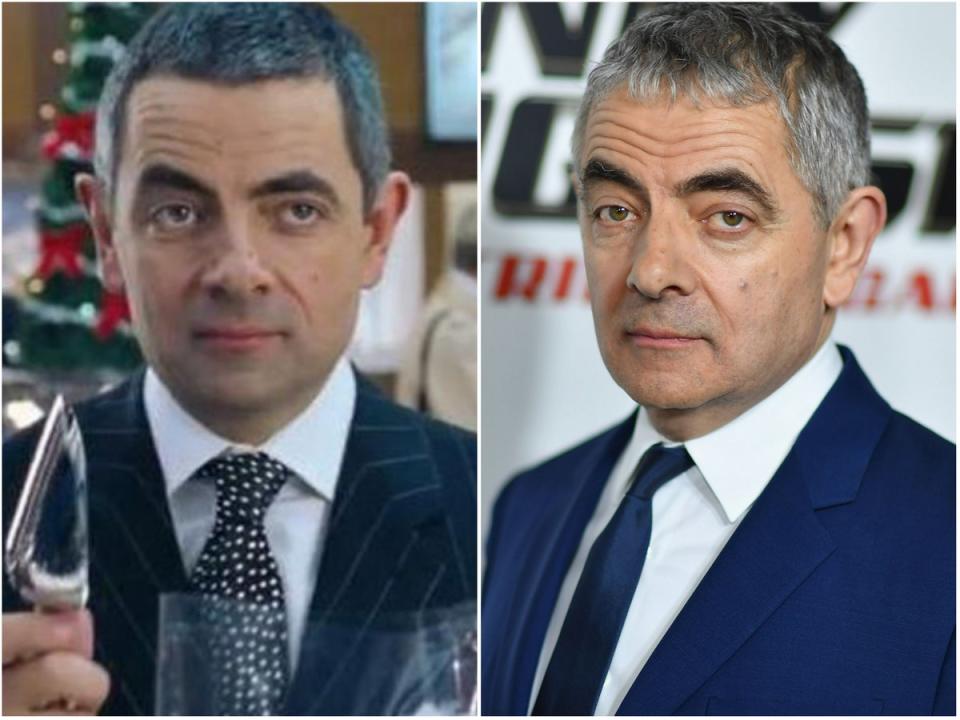 Rowan Atkinson in ‘Love Actually’ and in 2018 (Universal, Getty)