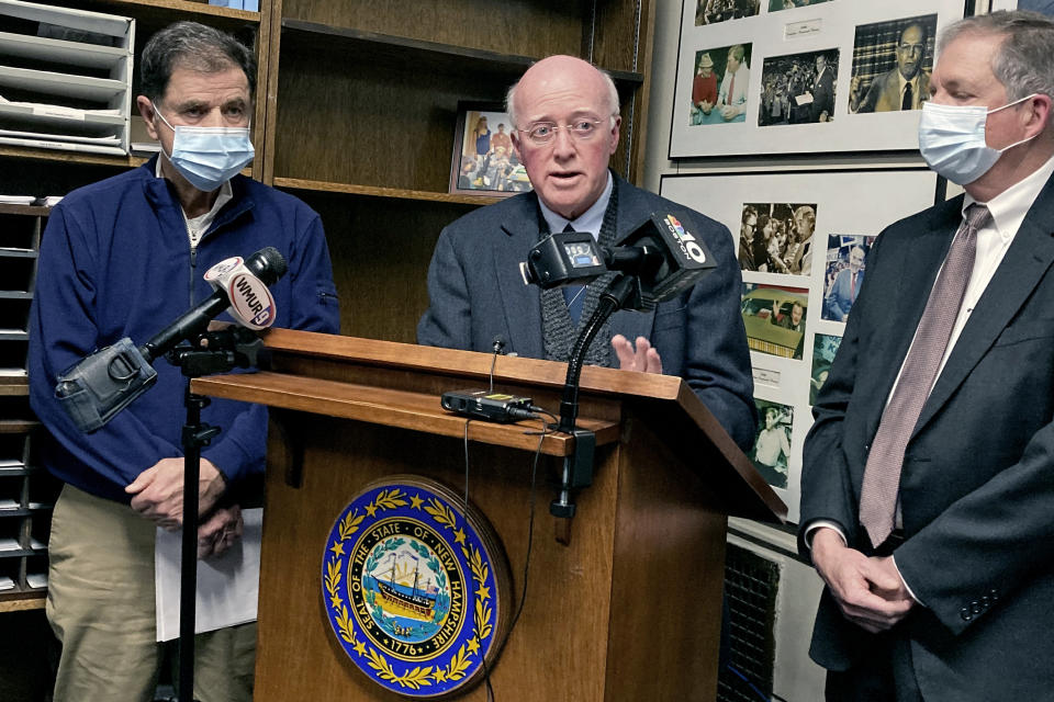 New Hampshire Secretary of State Bill Gardner, center, announces he will step down from office during a news conference, Monday Jan. 3, 2022 at the Statehouse in Concord, N.H. Gardner is the nation's longest-serving secretary of state. From left are Senior Deputy Sect. of State Robert Ambrose, Gardner and Deputy Sect. of State David Scanlan. (AP Photo/Holly Ramer)