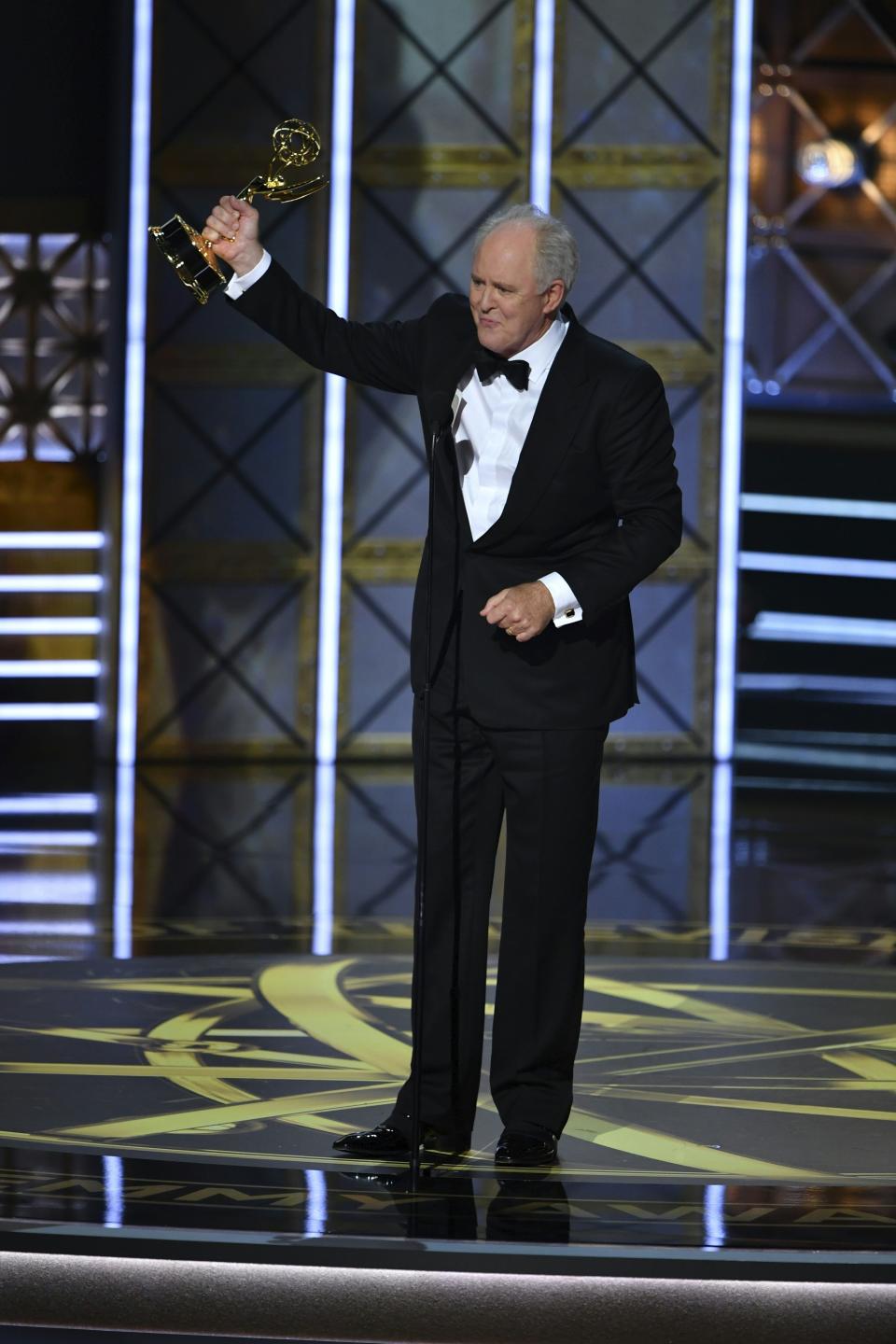 Best Supporting Actor in a Drama Series for the Crown, John Lithgow, speaks onstage during the 69th Emmy Awards at the Microsoft Theatre on Sept. 17, 2017 in Los Angeles, California.&nbsp;