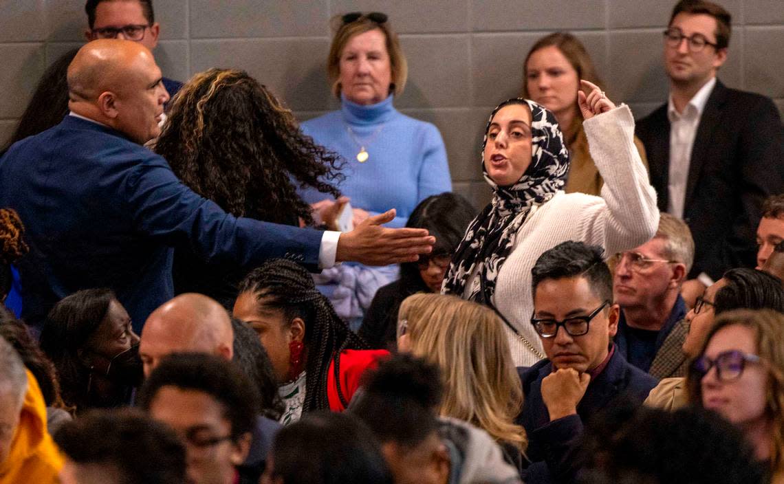 Several demonstrators protesting the Israel Gaza conflict interupt President Joe Biden’s speech on heath care during a campaign stop at the Chavis Community Center in Raleigh on Tuesday, March 26, 2024.