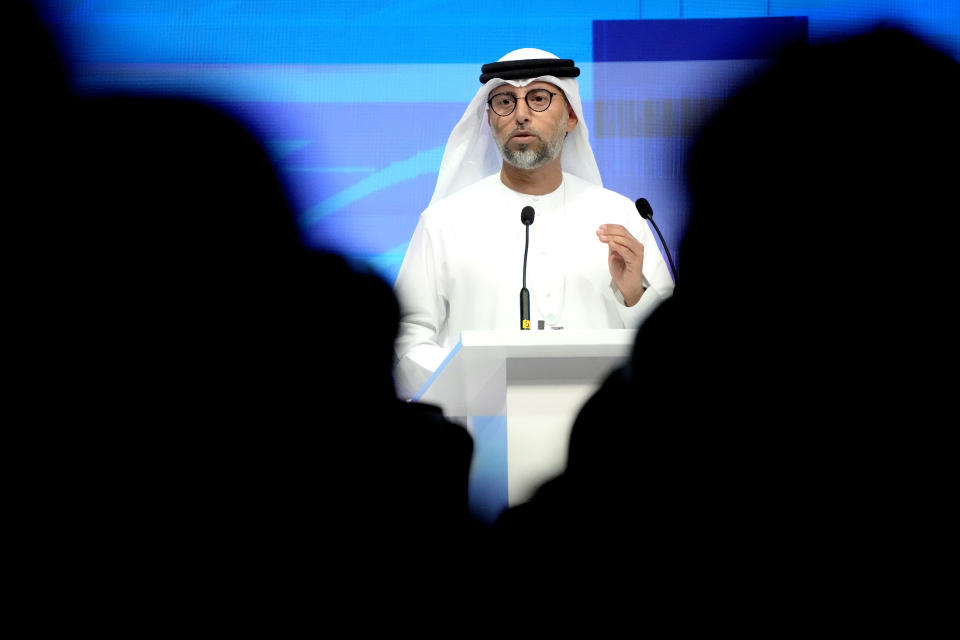 United Arab Emirates Energy Minister Suhail al-Mazrouei speaks during the Atlantic Council's Global Energy Forum at the Dubai Expo 2020, in Dubai, United Arab Emirates, Monday, March 28, 2022. The United Arab Emirates' energy minister doubled down Monday on an oil alliance with Russia that's helped buoy crude prices to their highest in years as the war in Ukraine rattles markets and sends energy and commodity prices soaring. (AP Photo/Ebrahim Noroozi)