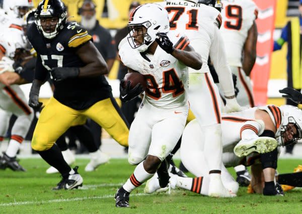 Cleveland Browns running back Jerome Ford (C) totaled 186 rushing yards and a score through four games this season. File Photo by Archie Carpenter/UPI