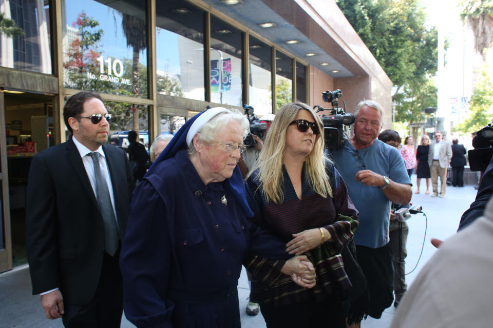 Sister Rita Callanan and Dana Hollister leave court in 2015. (Photo: AP)