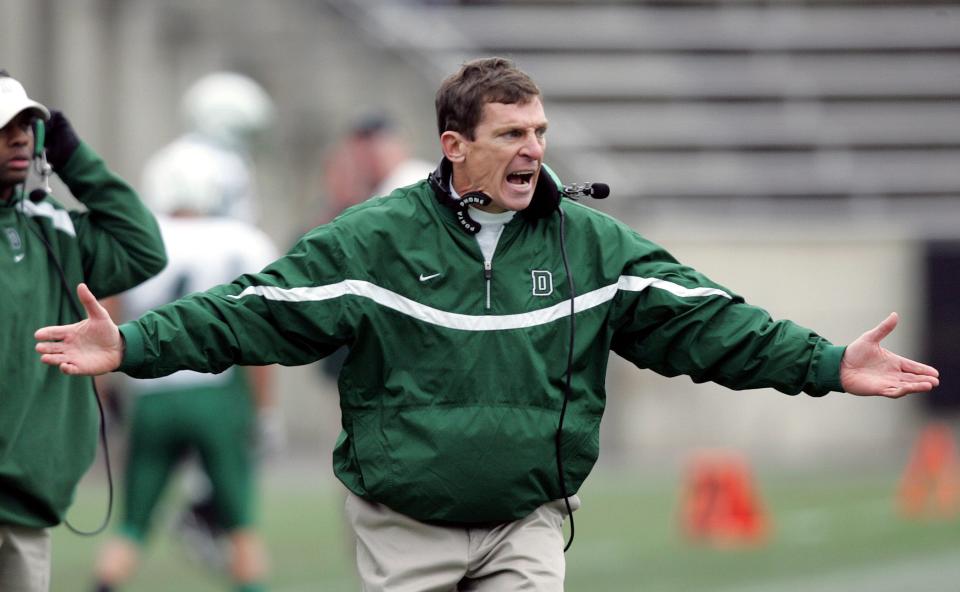 FILE - In this Nov. 18, 2006 file photo, Dartmouth's coach Buddy Teevens is seen on the sidelines during a football game against Princeton, in Princeton, N.J.