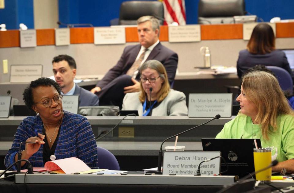 Dr. Earlean Smiley, interim superintendent of the Broward school district, left, addresses a question from Debra Hixon, vice chair of the Broward School Board, during a School Board workshop to review the candidates who applied for the superintendent’s job, Tuesday, May 2, 2023, in downtown Fort Lauderdale.