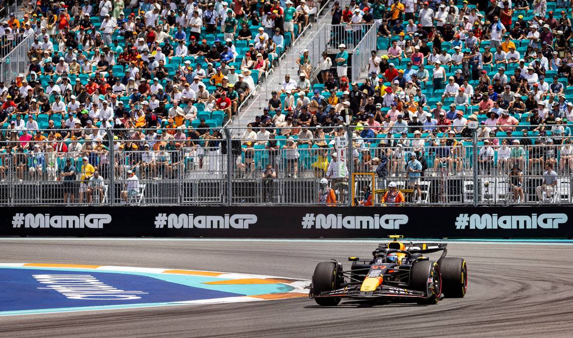 Red Bull Racing driver Sergio Perez of Mexico takes Turn 1 during the Sprint race on the second day of the Formula One Miami Grand Prix.