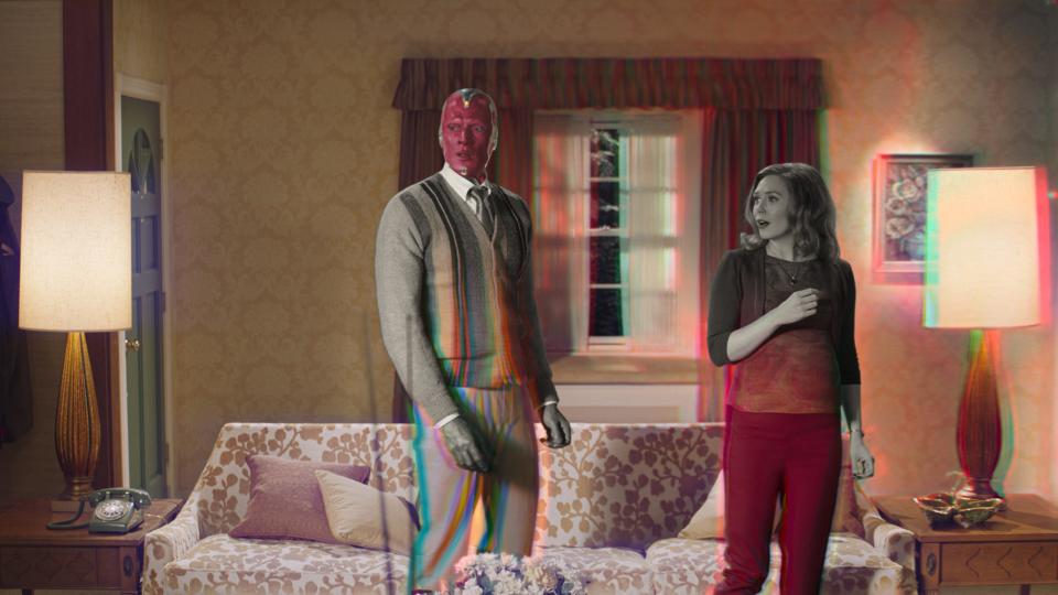 Paul Bettany as Vision and Elizabeth Olsen as Wanda/Scarlet Witch in "WandaVision."