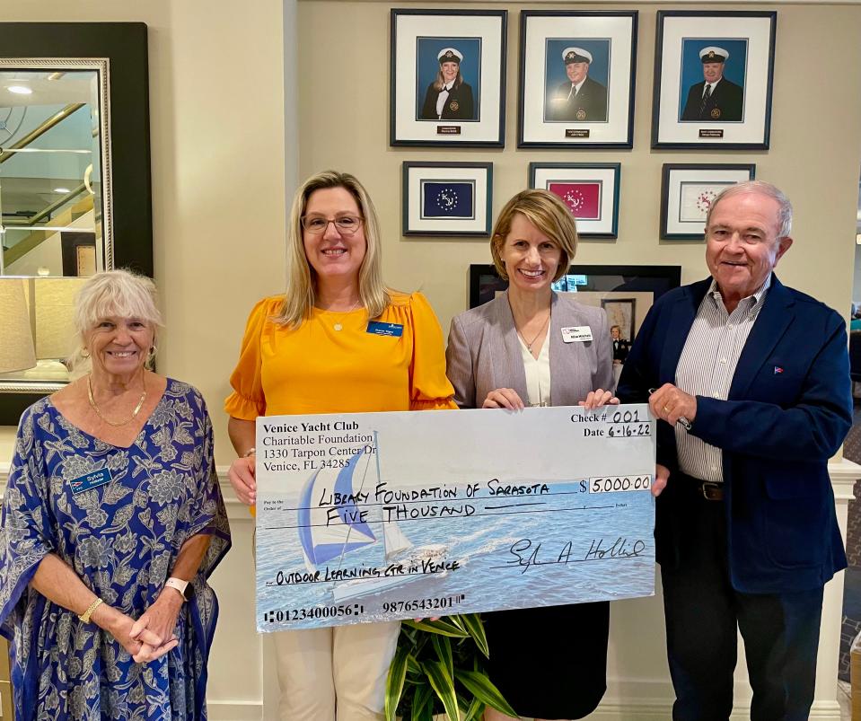 The Library Foundation for Sarasota County recently received a $5,000 grant from the Venice Yacht Club Charitable Foundation to fund a music garden at Jacaranda Public Library in Venice. Sylvia Hollister, left, and Kevin Collins, right, of the VYCCF presented the award to Stacey Ogea, manager of Jacaranda Public Library, and Library Foundation executive director Alisa Mitchell. The outdoor interactive music installation "will be a wonderful addition to the Jacaranda Library,” Mitchell said. Founded in 2010, the VYCCF has granted nearly $1 million to 75 Sarasota County charitable organizations.