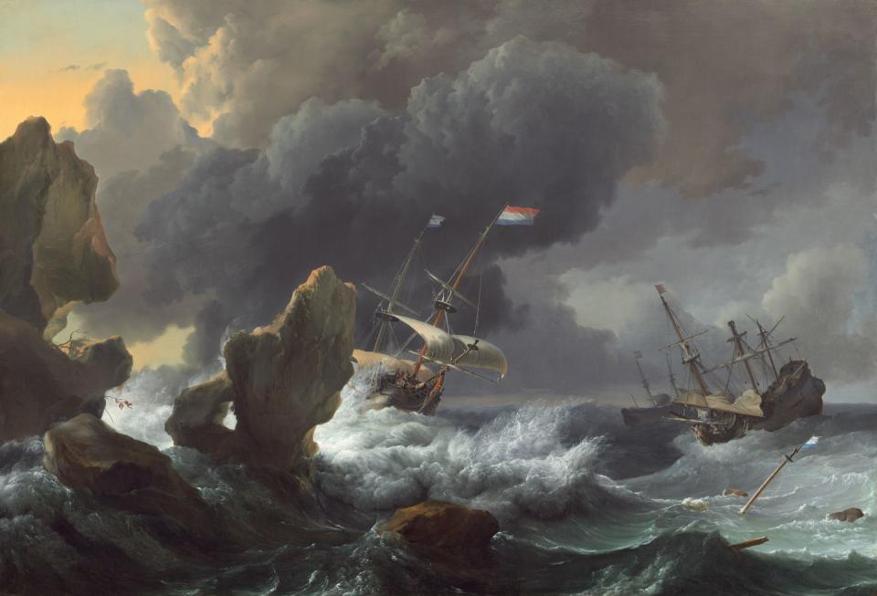 ships in distress off a rocky coast