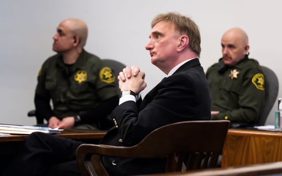 Eric Scott Sills listens during opening statements in Orange County Superior Court in Santa Ana, CA on Tuesday, November 28, 2023. Sills is on trial for the death of his wife, Susann Sills. (Photo by Paul Bersebach/MediaNews Group/Orange County Register via Getty Images)