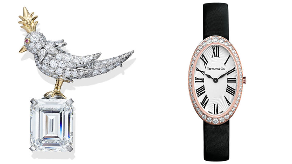 White's accessories for the SAG Awards include Tiffany's Bird on a Rock brooch (left) and the Tiffany Cocktail 2-Hand (right).