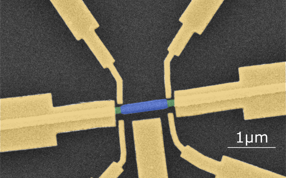 Imagen de microscopía electrónica del nanodispositivo. En azul, el material híbrido semiconductor-superconductor que potencialmente alberga majoranas (el bar). En verde, barreras de efecto túnel (las puertas del bar). En amarillo, distintos electrodos metálicos que se usan para medir pequeñas corrientes eléctricas que se usan en la detección. La escala en la barra horizontal blanca es un micrómetro (una millonésima de metro). . Marco Valentini, Institute of Science and Technology Austria (ISTA), Author provided