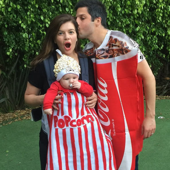 Anyone have the munchies? Casey Wilson her husband, David Caspe, celebrated their first Halloween as parents — son Max was born in May — as concession snacks popcorn and soda. (Instagram)