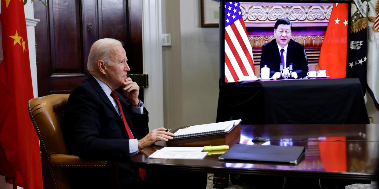 US President Joe Biden and Chinese President Xi Jinping at a virtual meeting.