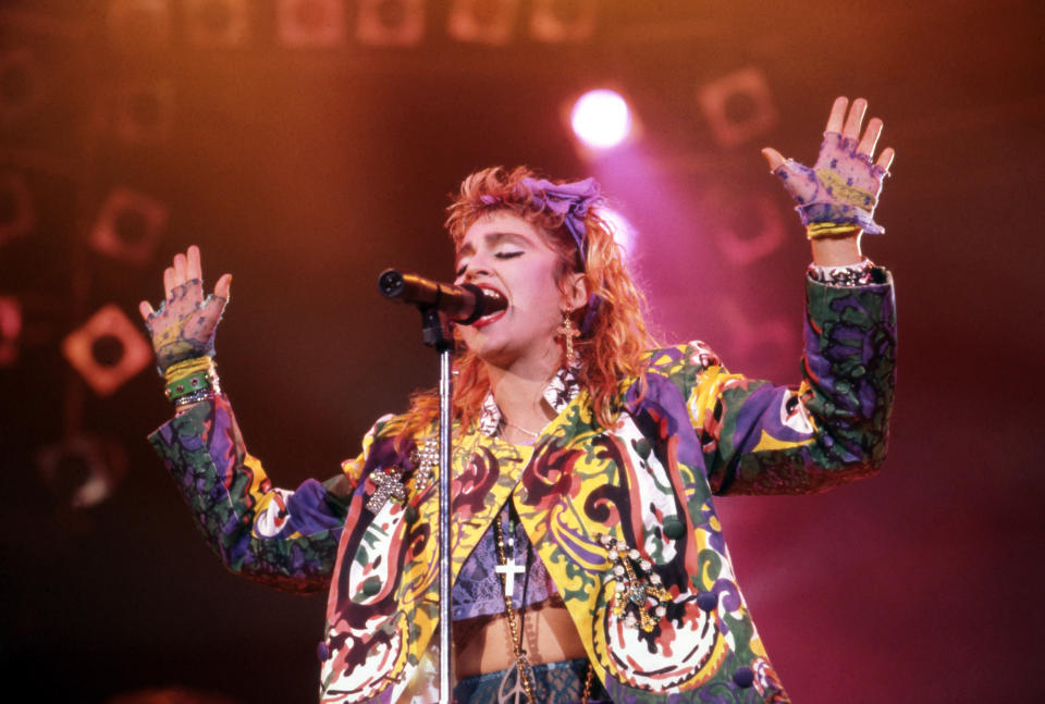 Madonna on stage during The Virgin Tour in 1985