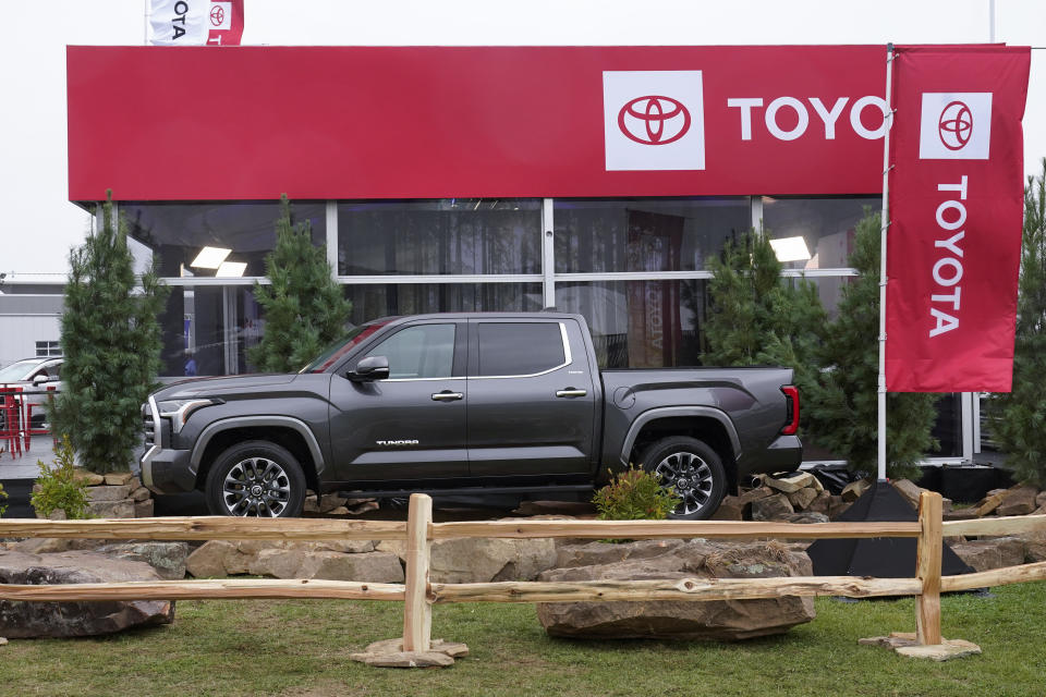 A 2022 Toyota Tundra is shown at Motor Bella in Pontiac, Mich., Tuesday, Sept. 21, 2021. Toyota is dumping the big V8 engine in the latest redesign of its Tundra full-size pickup truck, a bold move in a market that likes big, powerful engines. (AP Photo/Paul Sancya)