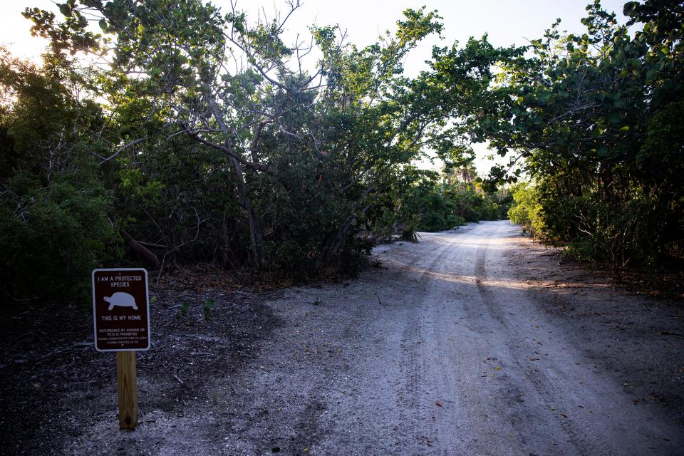 A trail on Lovers Key on Tuesday, Sept. 12, 2023. A sign stating that gopher tortoises was present in the area. It is unknown how the gopher tortoise population did on Lovers Key after storm surge from Hurricane Ian slammed ashore on Sept. 28 of last year.