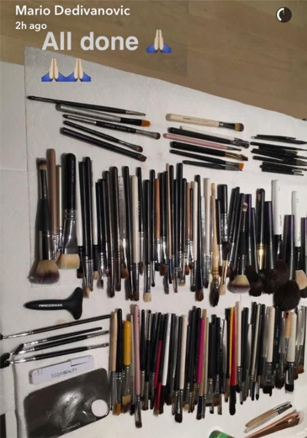 Mario posted a picture of his stash of make-up brushes to his Snapchat page. Photo: Snapchat.