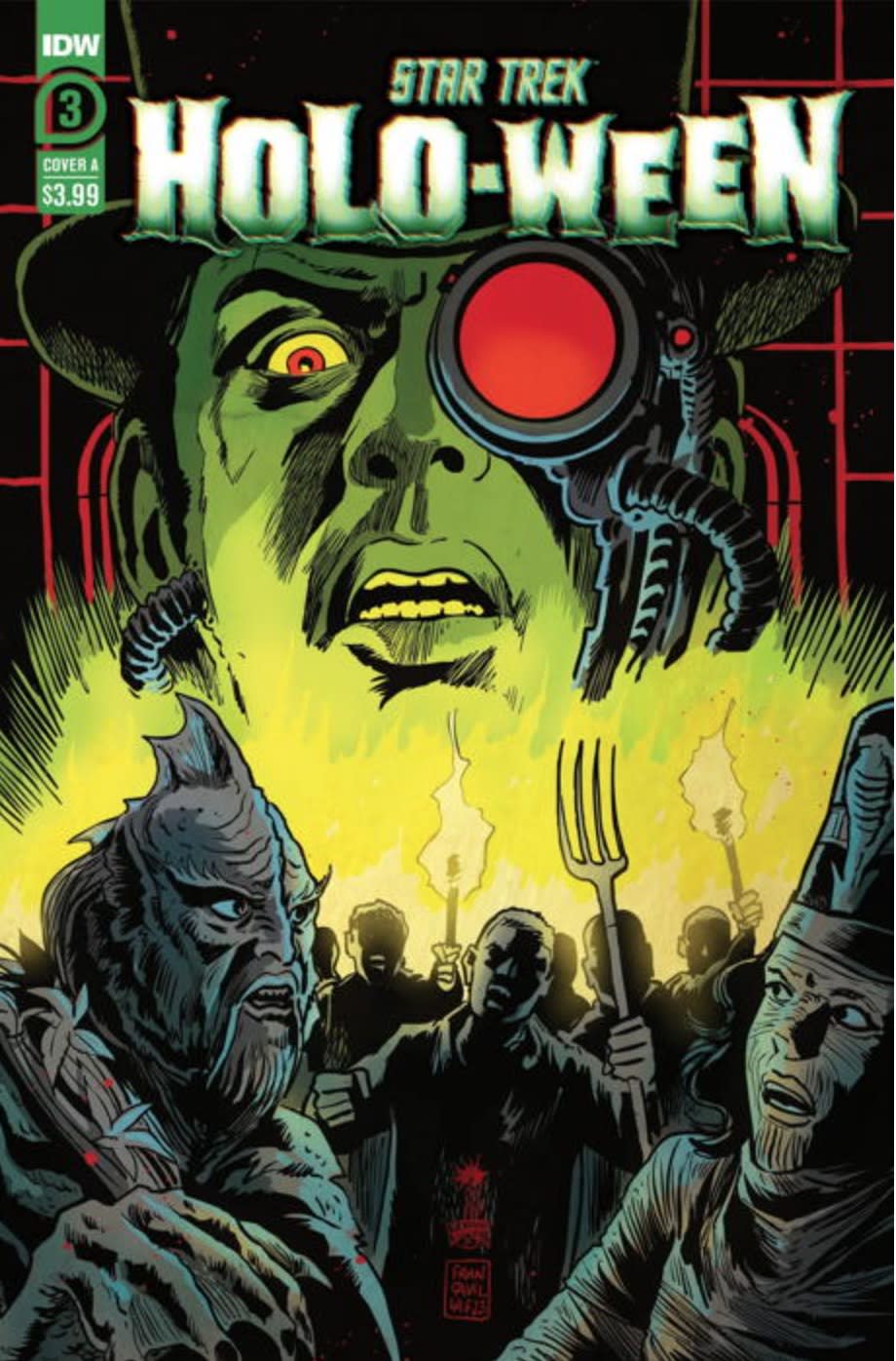 illustration showing fish-like humanoid creatures in the foreground and a large male face with a robotic red eye in the background.