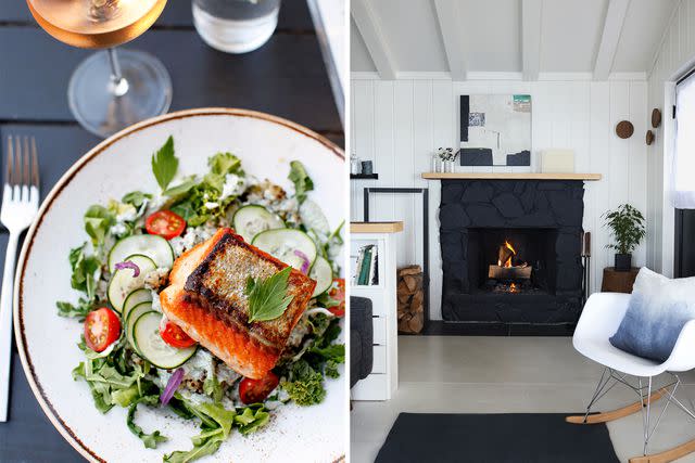<p>Belathée Photography/Courtesy of Captain Whidbey; Lexi Ribar/Courtesy of Captain Whidbey</p> From left: Salmon with salad at the Captain Whidbey; a cabin with a fireplace.