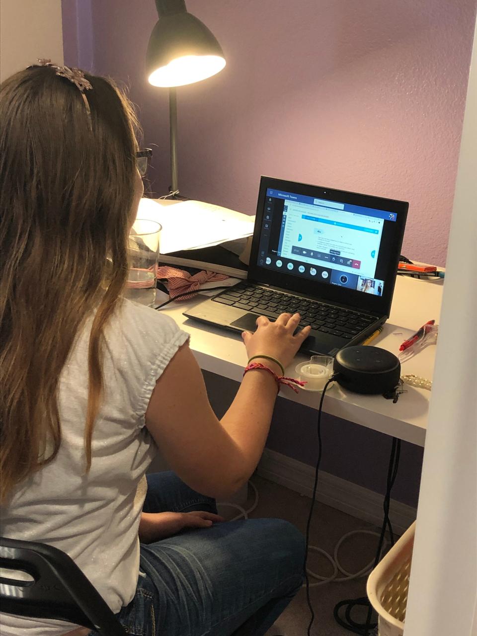 Amanda Loeffler, a parent in Pinellas County, Florida, opted to keep her kids in the school district’s remote learning program this fall because of the coronavirus. But teachers are trying to educate the kids who have stayed home and those who are taking classes in person simultaneously, which has meant that students like her daughter, Rainey (pictured), are receiving very little instruction.