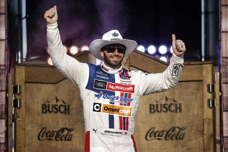 FORT WORTH, TEXAS - JUNE 13: Matt DiBenedetto, driver of the #21 Quick Lane Tire & Auto Center Ford, gives a thumbs up on stage during driver intros prior to the NASCAR All-Star Race at Texas Motor Speedway on June 13, 2021 in Fort Worth, Texas. (Photo by Chris Graythen/Getty Images) | Getty Images