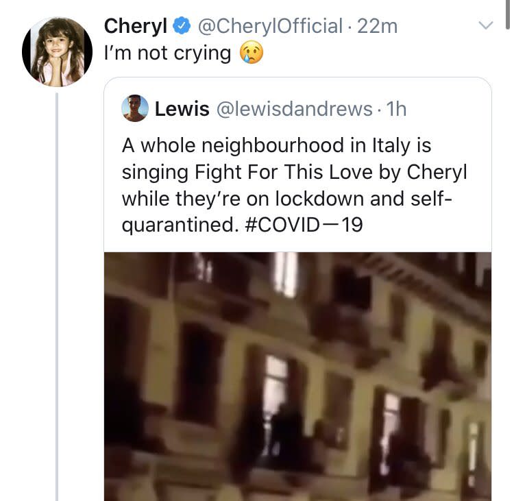 Cheryl duped by coronavirus hoax. (Twitter)