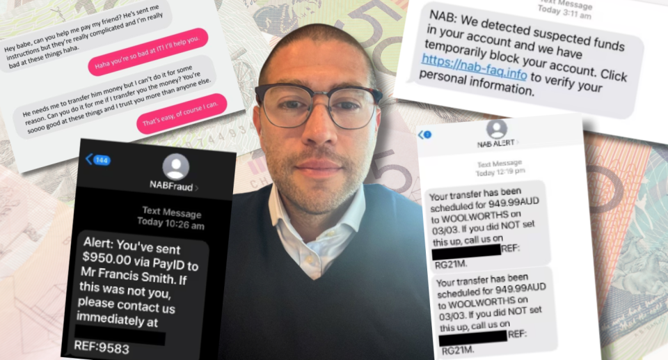 NAB anti-scam team lead Daniel Marin surrounded by scam messages on a background of Australian money.