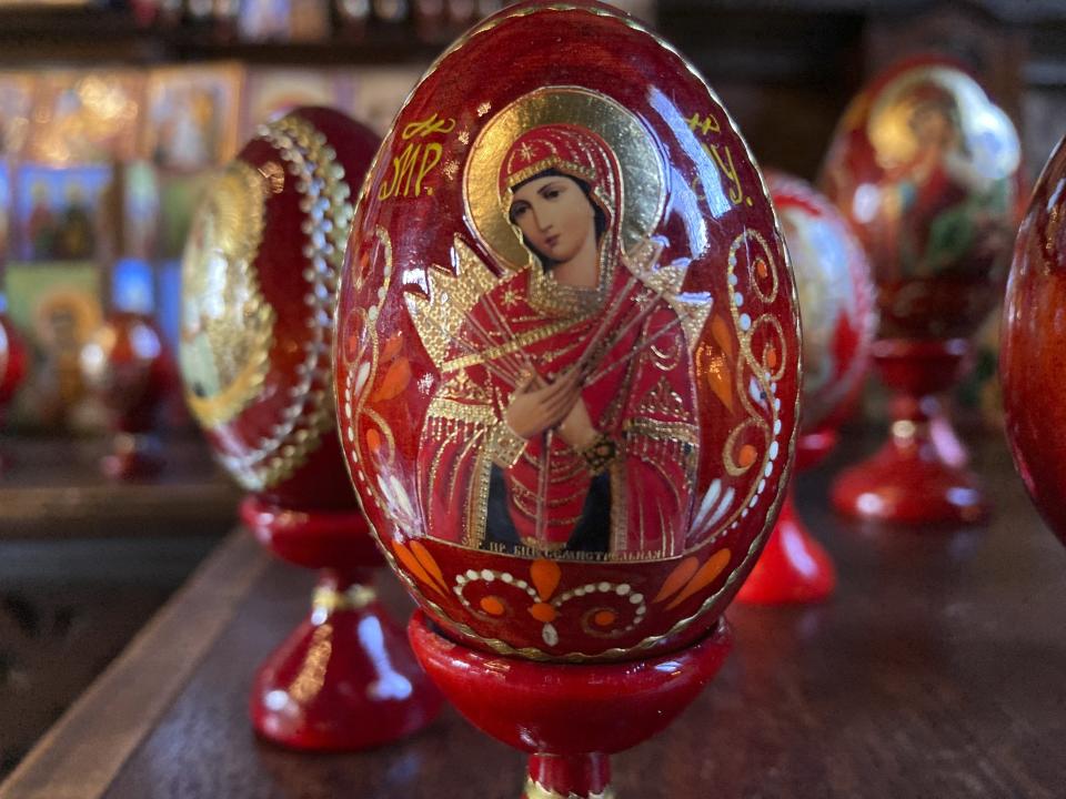 An egg is on display at St. Volodymyr’s Cathedral as Ukrainians celebrate Orthodox Easter on Sunday, April 24, in Kyiv, Ukraine. Ukrainians also marked two months since Russia’s invasion, praying for those on the front line and others trapped behind it. (AP Photo/Cara Anna)