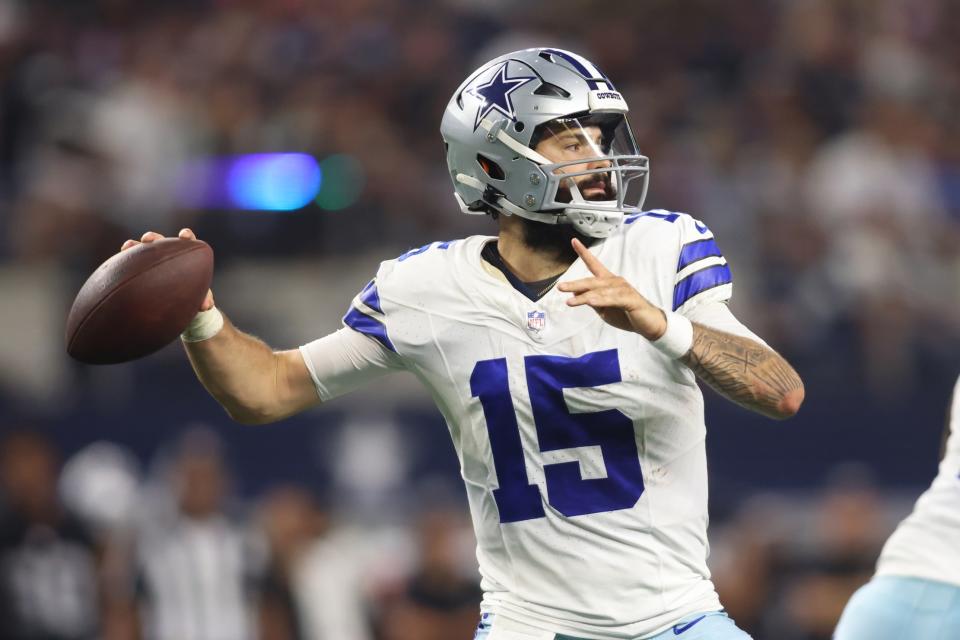 Aug 26, 2023; Arlington, Texas, USA; Dallas Cowboys quarterback Will Grier (15) throws a pass in the fourth quarter against the <a class="link " href="https://sports.yahoo.com/nfl/teams/las-vegas/" data-i13n="sec:content-canvas;subsec:anchor_text;elm:context_link" data-ylk="slk:Las Vegas Raiders;sec:content-canvas;subsec:anchor_text;elm:context_link;itc:0">Las Vegas Raiders</a> at AT&T Stadium. Mandatory Credit: Tim Heitman-USA TODAY Sports