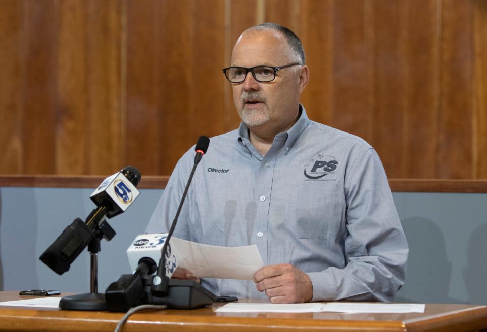 Brad Baker, then the public safety director, gives a COVID-19 update during a press conference at the Santa Rosa County Board of County Commissioners chambers in Milton on March 19, 2020. Baker has been named the new permanent assistant county administrator.