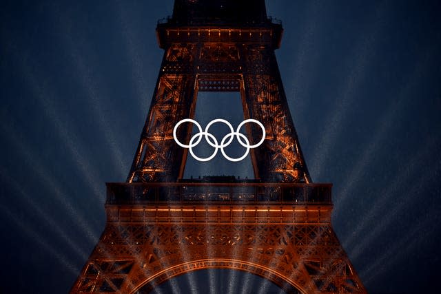 A general view of the Olympic rings on the Eiffel Tower